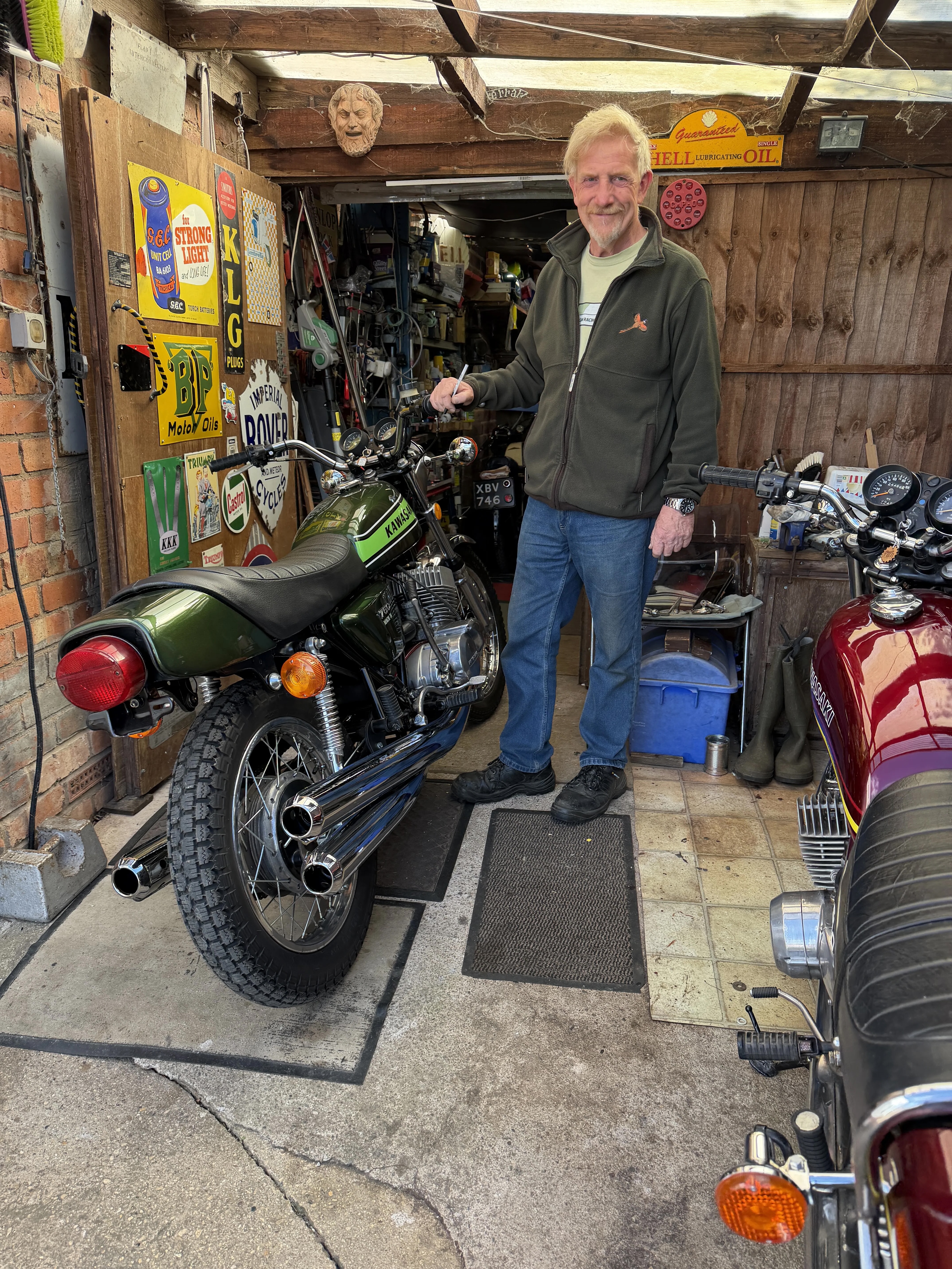 Clive with his green classic Kawasaki